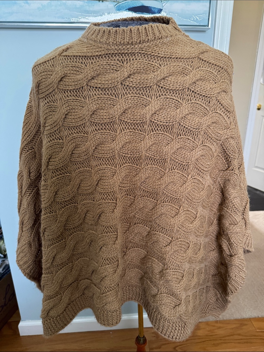Cable-Knit Poncho Shrug in Camel